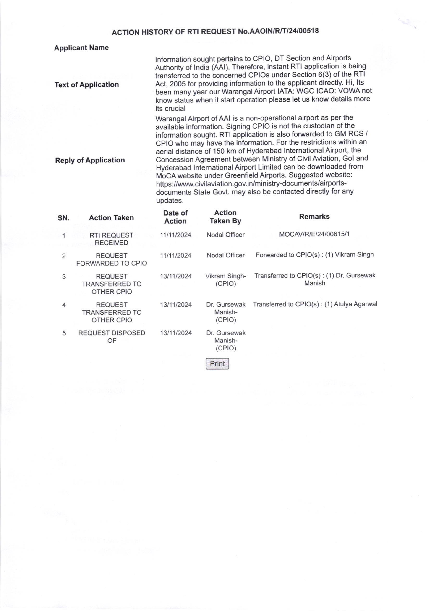 RTI action history showing receipt, forwarding, successive CPIO transfers and disposal across dated rows.