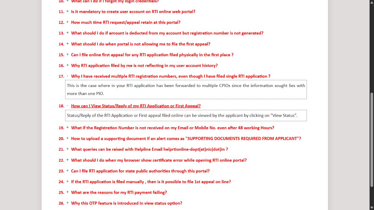 Central RTI Online FAQ explaining that one application forwarded to multiple CPIOs can create multiple registration numbers.