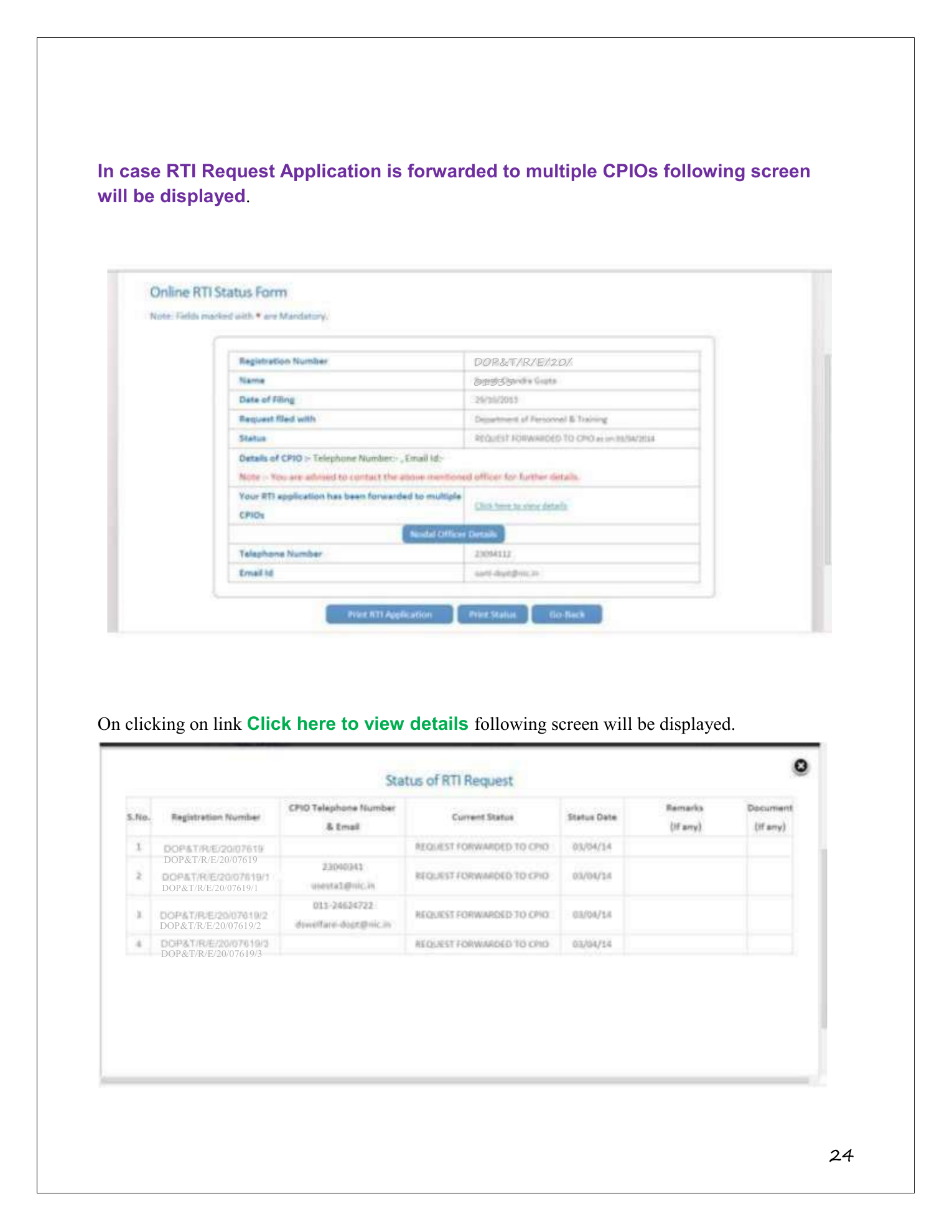 Page 24 of the RTI Online citizen manual showing one application expanded into separate CPIO status entries.