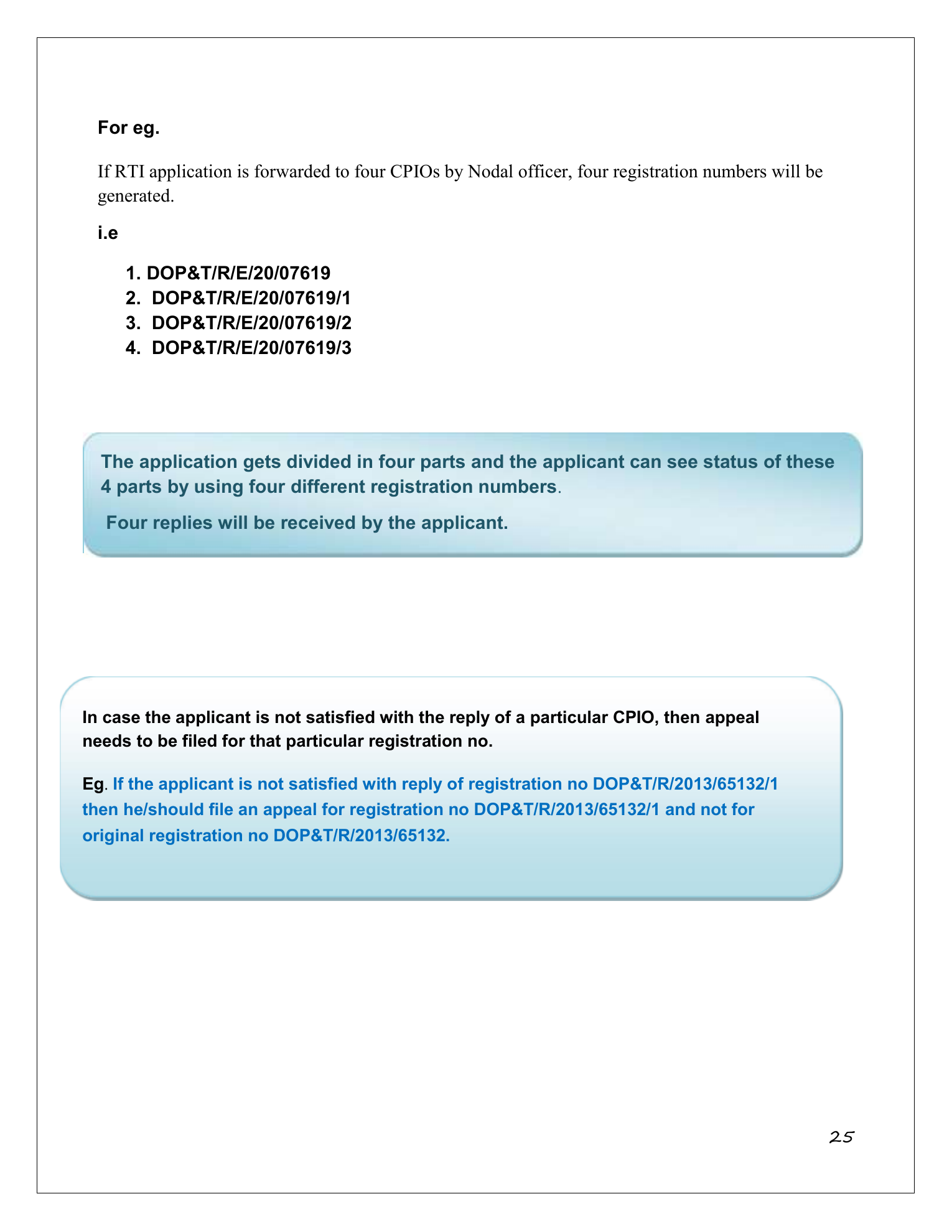 Page 25 of the RTI Online citizen manual showing four related registrations, four replies and branch-specific appeal guidance.